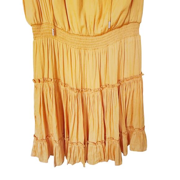 Skies Are Blue Satin Smocked Waist Ruffle Mini Dress Small Gold Cocktail Event - Picture 7 of 8